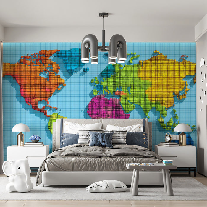 Neon Geo-Relief World Map Mural Wallpaper | Mesh Texture, Bright Rainbow Colors, Dynamic 3D Effect