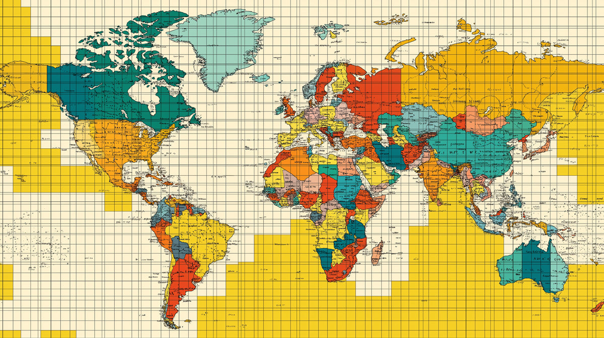 Vintage Political World Map Mural Wallpaper | Retro Palette, Detailed Cartography, Mid-Century Grid