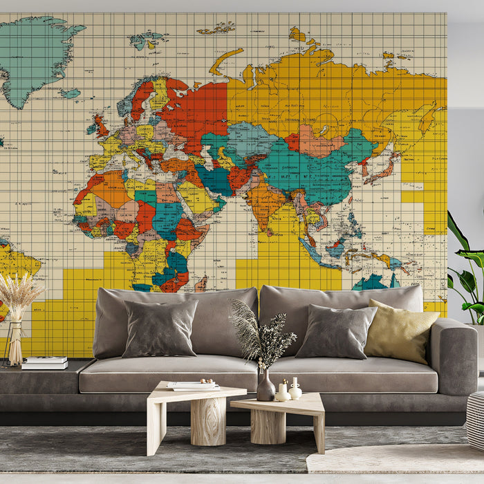 Vintage Political World Map Mural Wallpaper | Retro Palette, Detailed Cartography, Mid-Century Grid