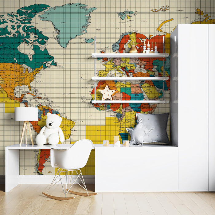 Vintage Political World Map Mural Wallpaper | Retro Palette, Detailed Cartography, Mid-Century Grid
