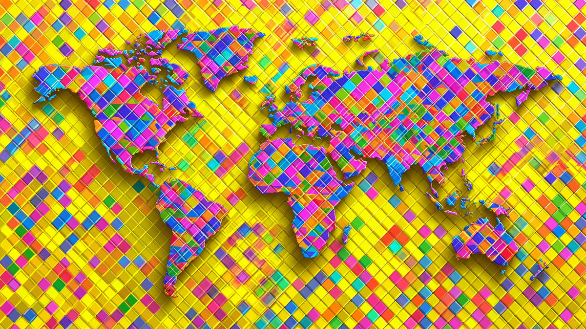 Psychedelic Tile World Map Mural Wallpaper | High-Saturation Colors, 3D Relief, Electric Geometric Pattern