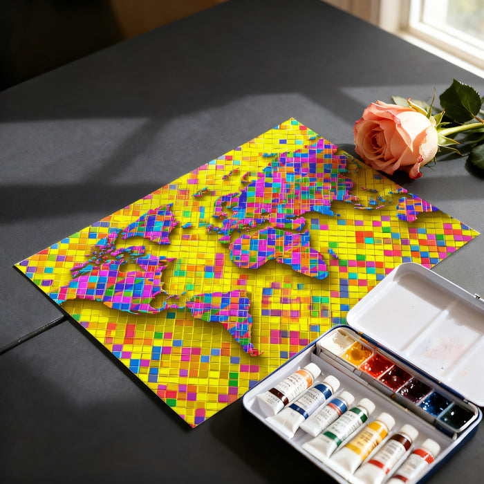 Psychedelic Tile World Map Mural Wallpaper | High-Saturation Colors, 3D Relief, Electric Geometric Pattern