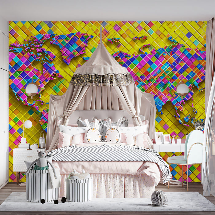 Psychedelic Tile World Map Mural Wallpaper | High-Saturation Colors, 3D Relief, Electric Geometric Pattern