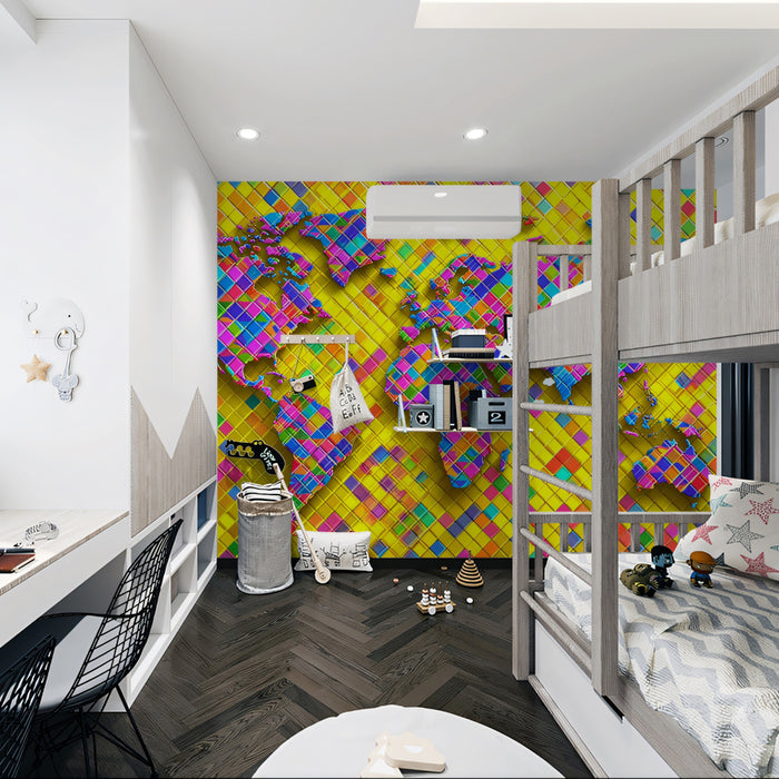 Psychedelic Tile World Map Mural Wallpaper | High-Saturation Colors, 3D Relief, Electric Geometric Pattern