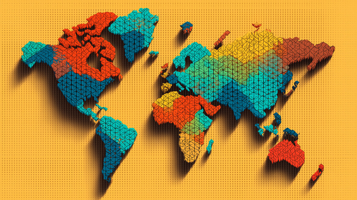 Geo-Textured 3D World Map Mural Wallpaper | Raised Relief, Warm and Cool Zones, Detailed Geometric Pattern