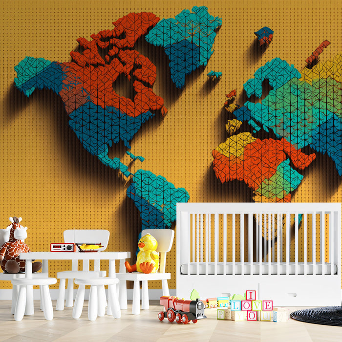 Geo-Textured 3D World Map Mural Wallpaper | Raised Relief, Warm and Cool Zones, Detailed Geometric Pattern