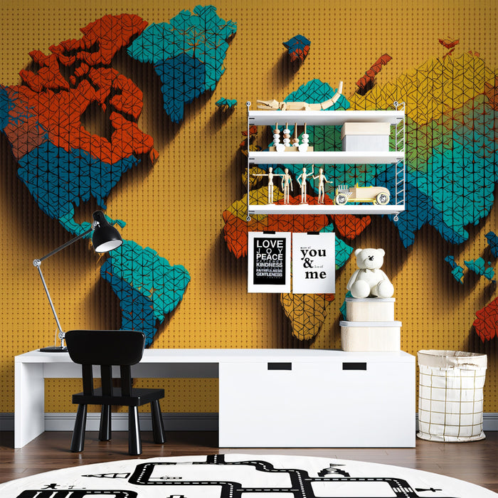 Geo-Textured 3D World Map Mural Wallpaper | Raised Relief, Warm and Cool Zones, Detailed Geometric Pattern