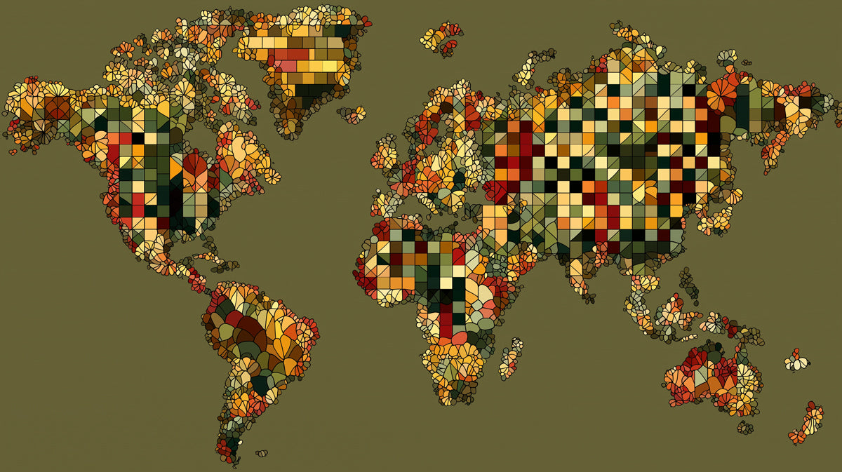 Floral Mosaic World Map Mural Wallpaper | Earthy Tones, Leaf and Flower Tessellation, Abstract Nature Art