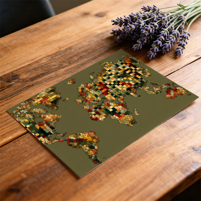 Floral Mosaic World Map Mural Wallpaper | Earthy Tones, Leaf and Flower Tessellation, Abstract Nature Art