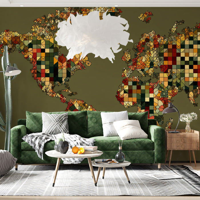 Floral Mosaic World Map Mural Wallpaper | Earthy Tones, Leaf and Flower Tessellation, Abstract Nature Art