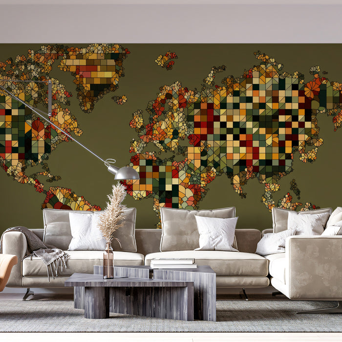 Floral Mosaic World Map Mural Wallpaper | Earthy Tones, Leaf and Flower Tessellation, Abstract Nature Art