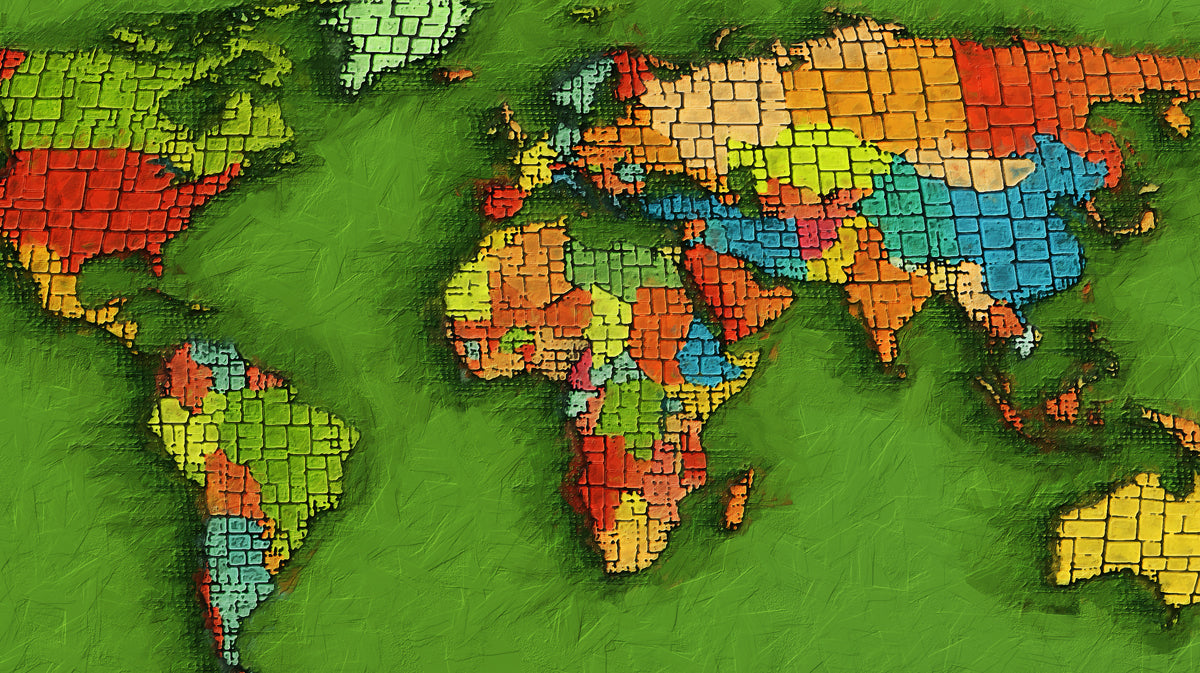 Textured Mosaic World Map Mural Wallpaper | High-Contrast Colors, Oil Paint Texture, Vivid Green Background