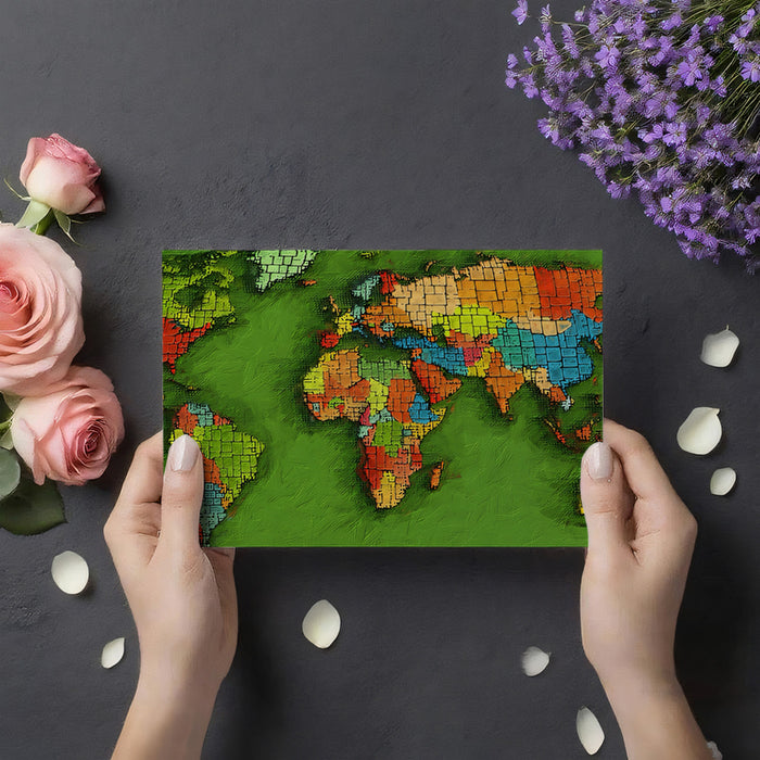 Textured Mosaic World Map Mural Wallpaper | High-Contrast Colors, Oil Paint Texture, Vivid Green Background