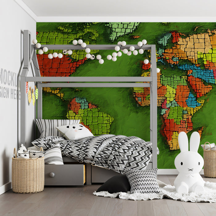 Textured Mosaic World Map Mural Wallpaper | High-Contrast Colors, Oil Paint Texture, Vivid Green Background