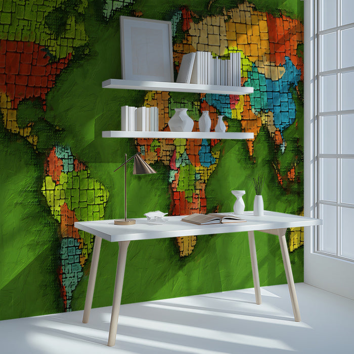 Textured Mosaic World Map Mural Wallpaper | High-Contrast Colors, Oil Paint Texture, Vivid Green Background