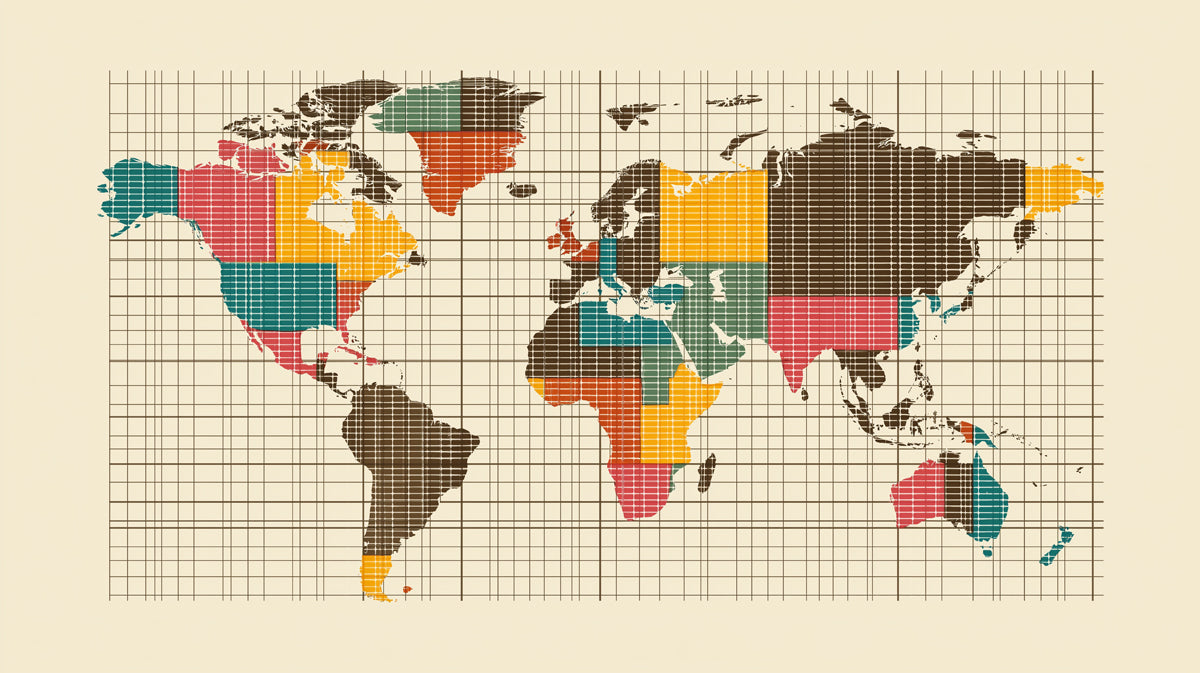 Mid-Century Grid World Map Mural Wallpaper | Retro Color Blocks, Cartesian Grid, Minimalist Cartography