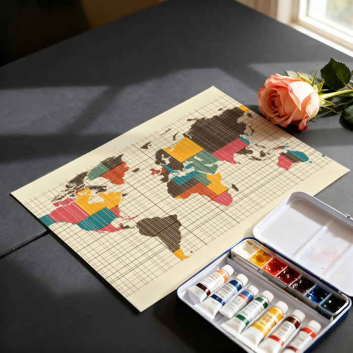 Mid-Century Grid World Map Mural Wallpaper | Retro Color Blocks, Cartesian Grid, Minimalist Cartography