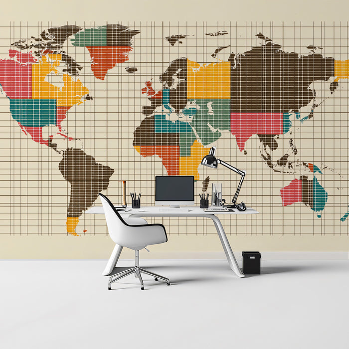 Mid-Century Grid World Map Mural Wallpaper | Retro Color Blocks, Cartesian Grid, Minimalist Cartography