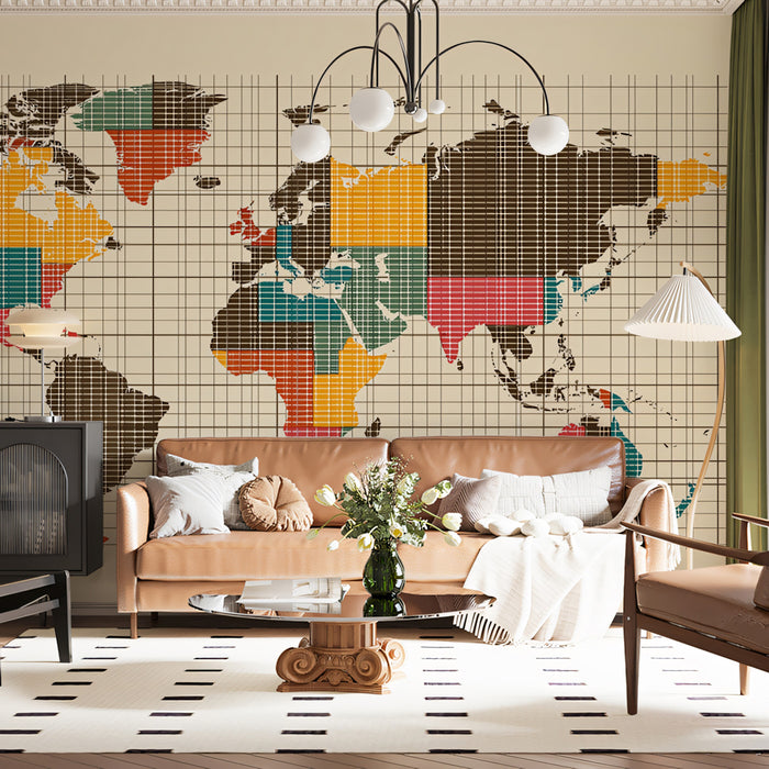 Mid-Century Grid World Map Mural Wallpaper | Retro Color Blocks, Cartesian Grid, Minimalist Cartography