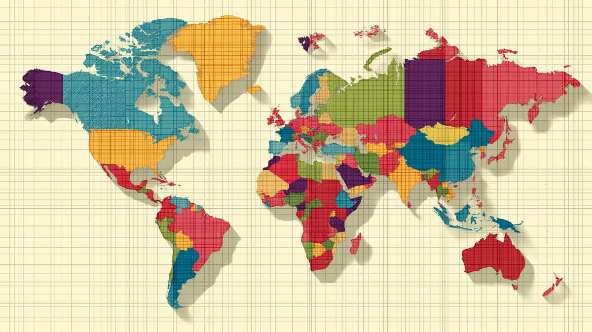 Bold Color Block World Map Mural Wallpaper | High-Contrast Palette, Stylized Continent Shapes, Graphic Art