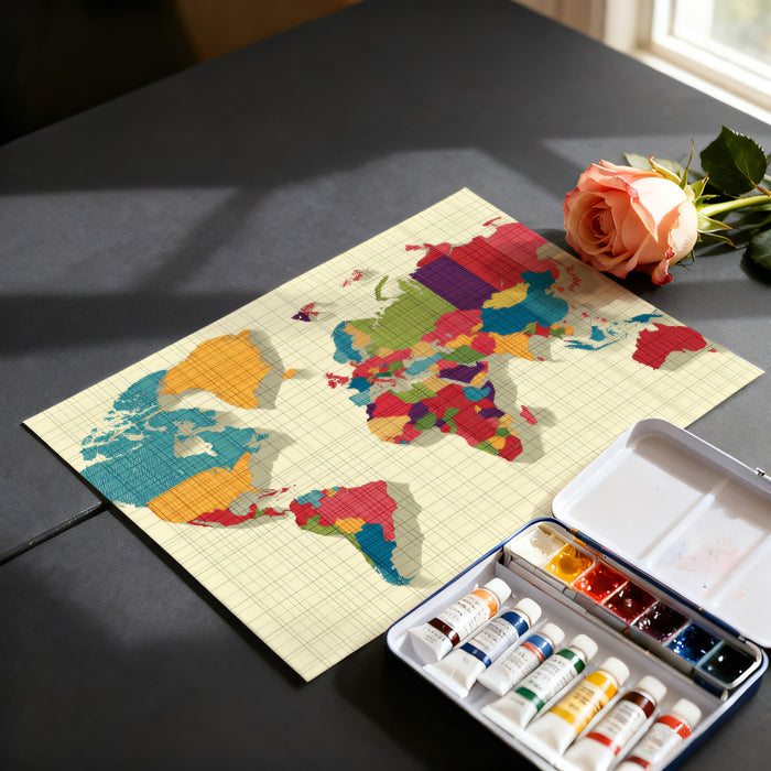 Bold Color Block World Map Mural Wallpaper | High-Contrast Palette, Stylized Continent Shapes, Graphic Art