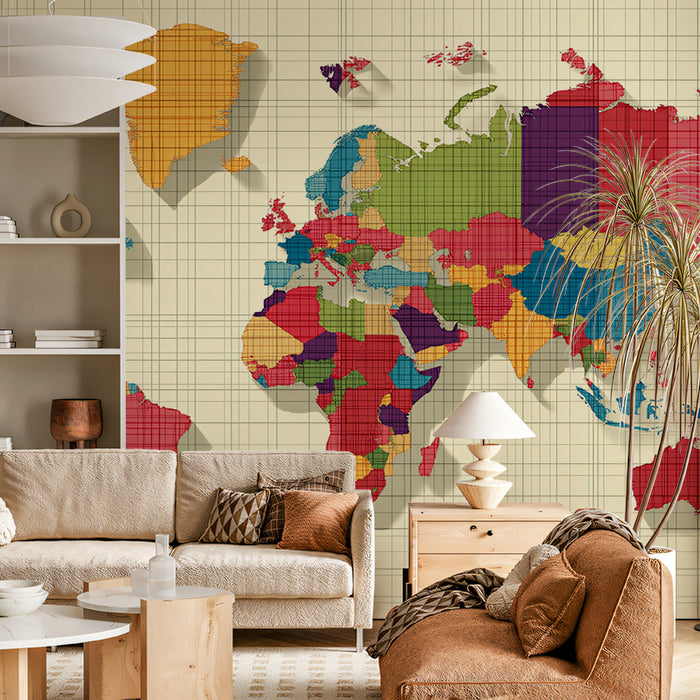 Bold Color Block World Map Mural Wallpaper | High-Contrast Palette, Stylized Continent Shapes, Graphic Art