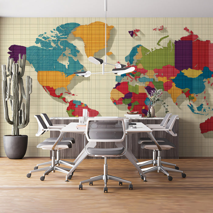 Bold Color Block World Map Mural Wallpaper | High-Contrast Palette, Stylized Continent Shapes, Graphic Art