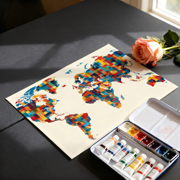 Patchwork Country Block World Map Mural Wallpaper | High-Saturation Hues, Geometric Division, Detailed Cartography