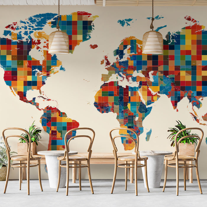 Patchwork Country Block World Map Mural Wallpaper | High-Saturation Hues, Geometric Division, Detailed Cartography