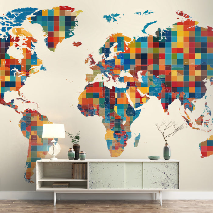 Patchwork Country Block World Map Mural Wallpaper | High-Saturation Hues, Geometric Division, Detailed Cartography