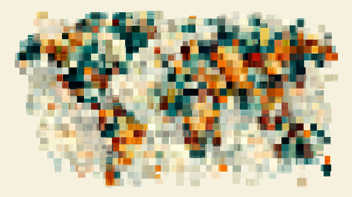 Abstract Pixel Blur World Map Mural Wallpaper | Digital Art, Muted Teal and Orange, High-Tech Texture