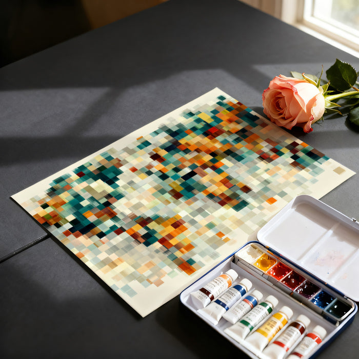 Abstract Pixel Blur World Map Mural Wallpaper | Digital Art, Muted Teal and Orange, High-Tech Texture