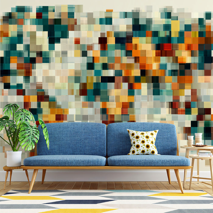 Abstract Pixel Blur World Map Mural Wallpaper | Digital Art, Muted Teal and Orange, High-Tech Texture