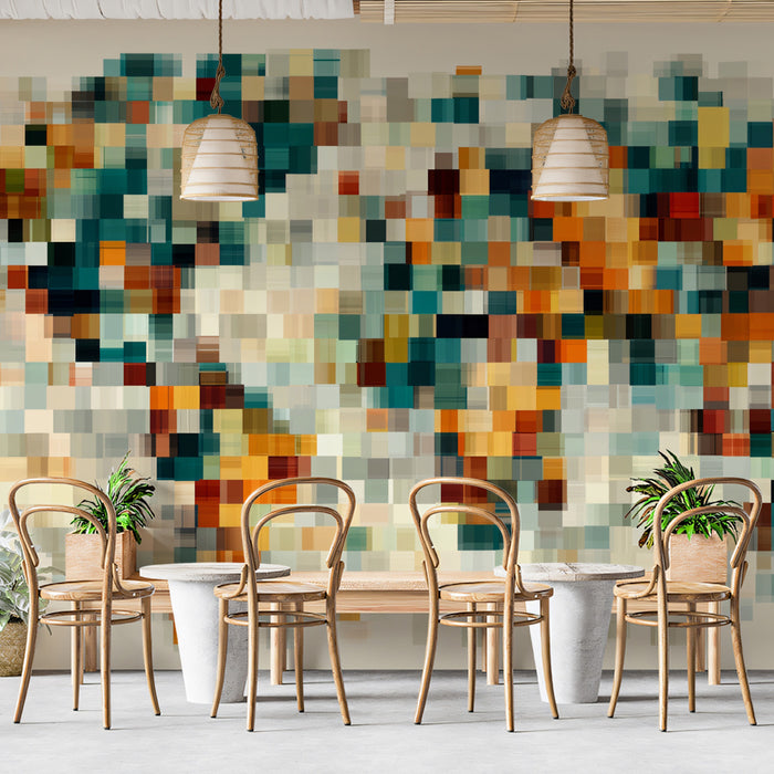 Abstract Pixel Blur World Map Mural Wallpaper | Digital Art, Muted Teal and Orange, High-Tech Texture