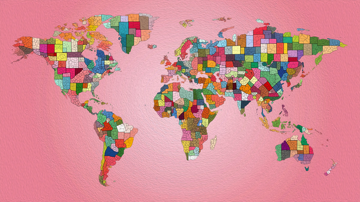 Geo-Political Abstract World Map Mural Wallpaper | Intense Multicolor, High-Detail Fragmentation, Pink Backdrop