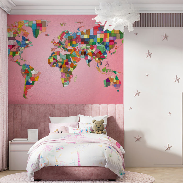 Geo-Political Abstract World Map Mural Wallpaper | Intense Multicolor, High-Detail Fragmentation, Pink Backdrop
