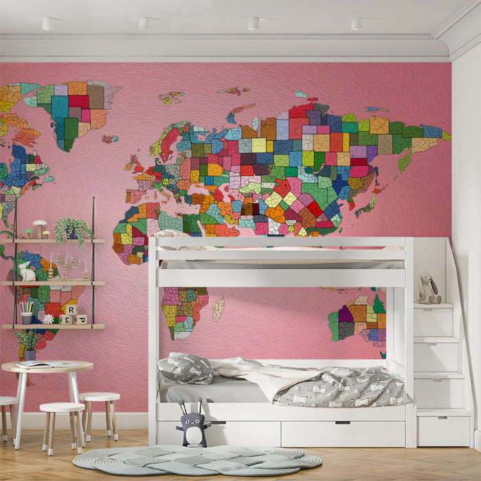 Geo-Political Abstract World Map Mural Wallpaper | Intense Multicolor, High-Detail Fragmentation, Pink Backdrop