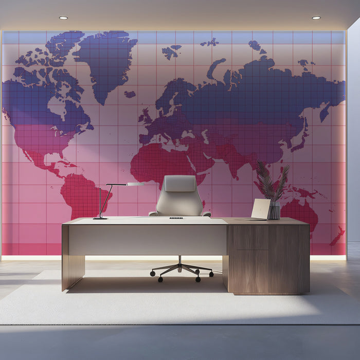 Global Temperature Gradient Map Mural Wallpaper | Blue and Pink Contrast, Minimalist Cartography, Data Visualization