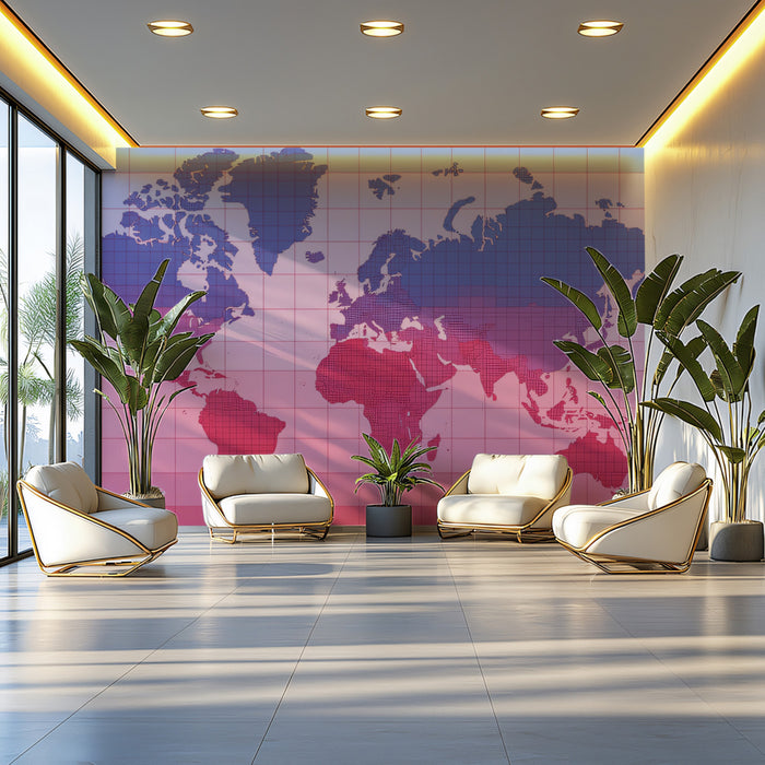 Global Temperature Gradient Map Mural Wallpaper | Blue and Pink Contrast, Minimalist Cartography, Data Visualization
