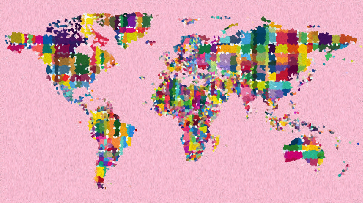 Impressionist Pointillism World Map Mural Wallpaper | Oil Paint Texture, High Saturation, Pink Backdrop
