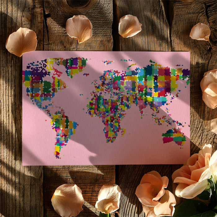 Impressionist Pointillism World Map Mural Wallpaper | Oil Paint Texture, High Saturation, Pink Backdrop