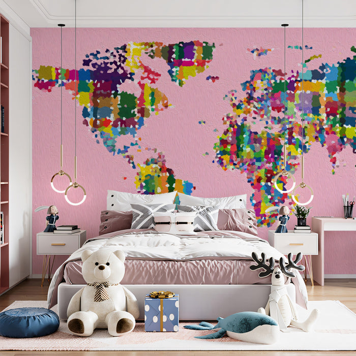 Impressionist Pointillism World Map Mural Wallpaper | Oil Paint Texture, High Saturation, Pink Backdrop