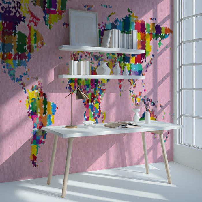 Impressionist Pointillism World Map Mural Wallpaper | Oil Paint Texture, High Saturation, Pink Backdrop