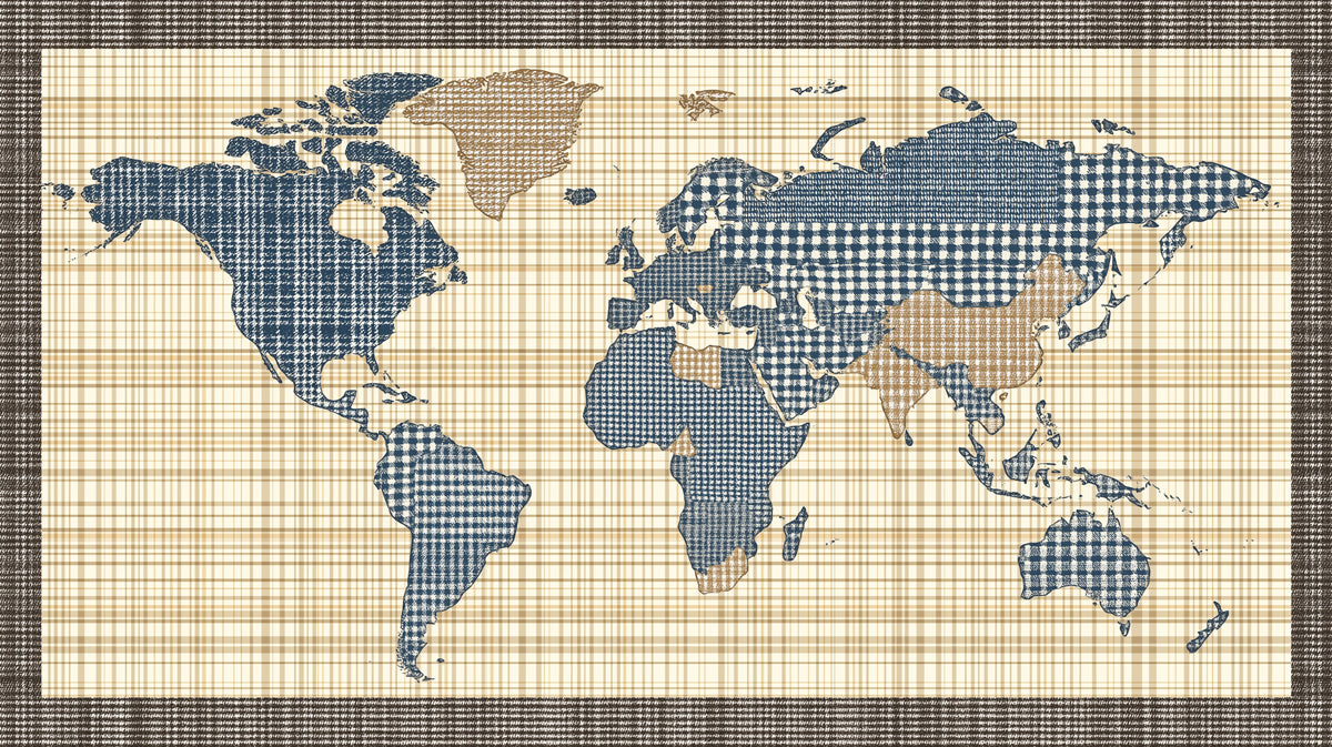 Navy Checkered Textile World Map Mural Wallpaper | Plaid and Houndstooth Texture, Rustic Nautical Tones, Fabric Art
