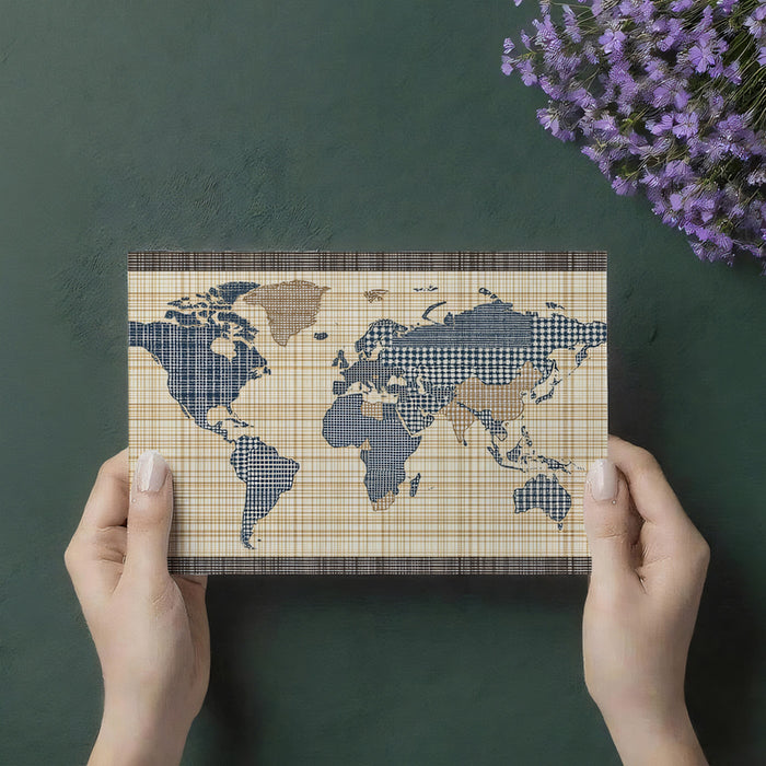 Navy Checkered Textile World Map Mural Wallpaper | Plaid and Houndstooth Texture, Rustic Nautical Tones, Fabric Art