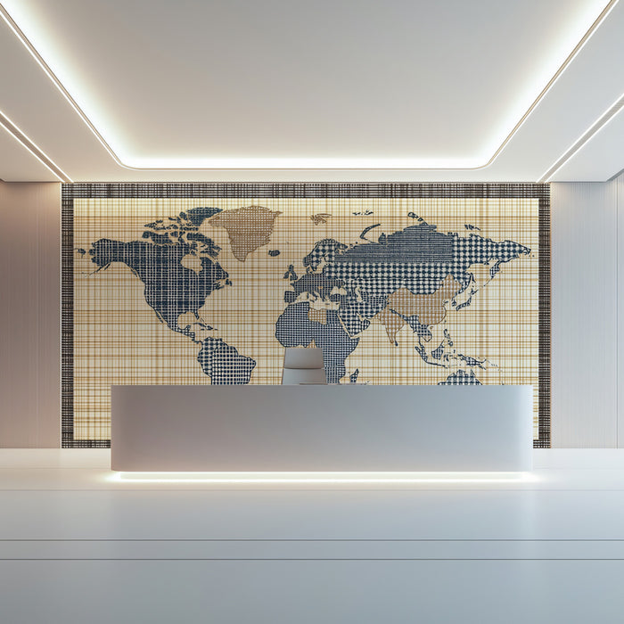 Navy Checkered Textile World Map Mural Wallpaper | Plaid and Houndstooth Texture, Rustic Nautical Tones, Fabric Art
