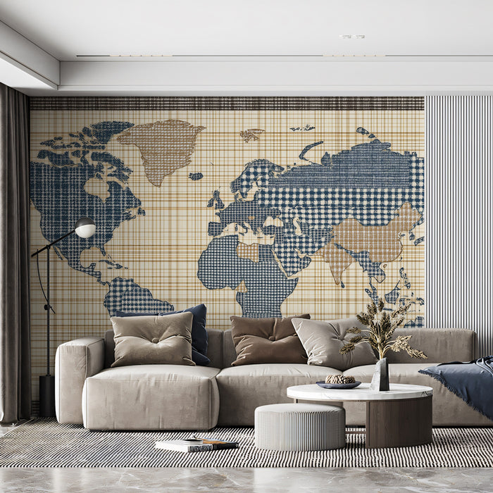 Navy Checkered Textile World Map Mural Wallpaper | Plaid and Houndstooth Texture, Rustic Nautical Tones, Fabric Art