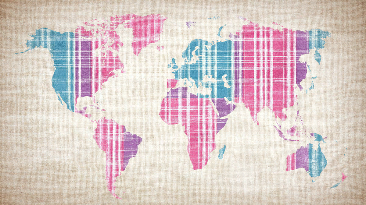 Pastel Plaid World Map Mural Wallpaper | Textile Texture, Pink, Blue, and Purple Tones, Soft Geometric
