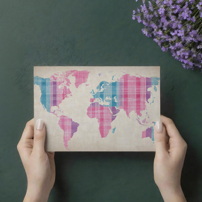 Pastel Plaid World Map Mural Wallpaper | Textile Texture, Pink, Blue, and Purple Tones, Soft Geometric