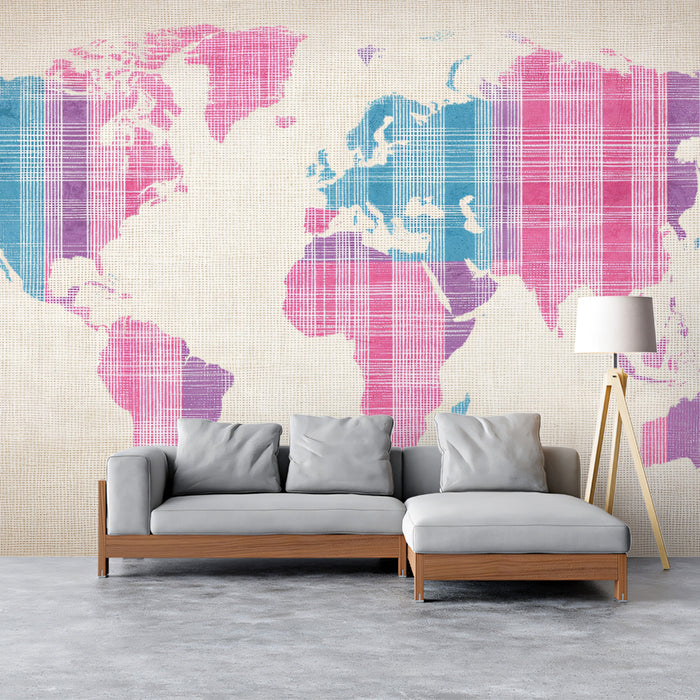Pastel Plaid World Map Mural Wallpaper | Textile Texture, Pink, Blue, and Purple Tones, Soft Geometric